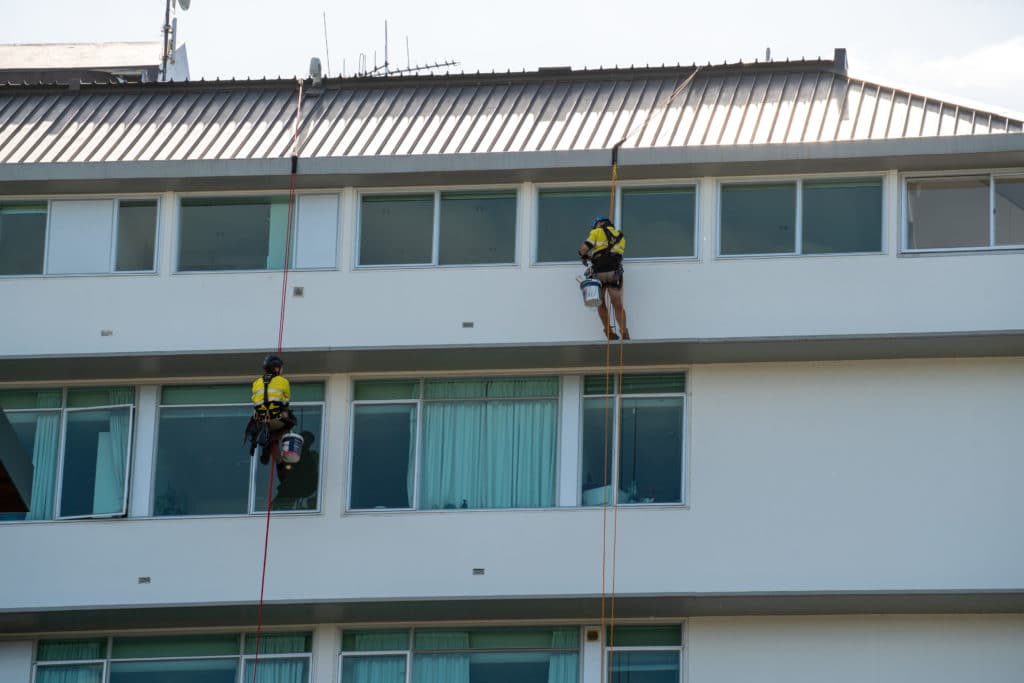 Industrial abseilers cleaning apartment building windows