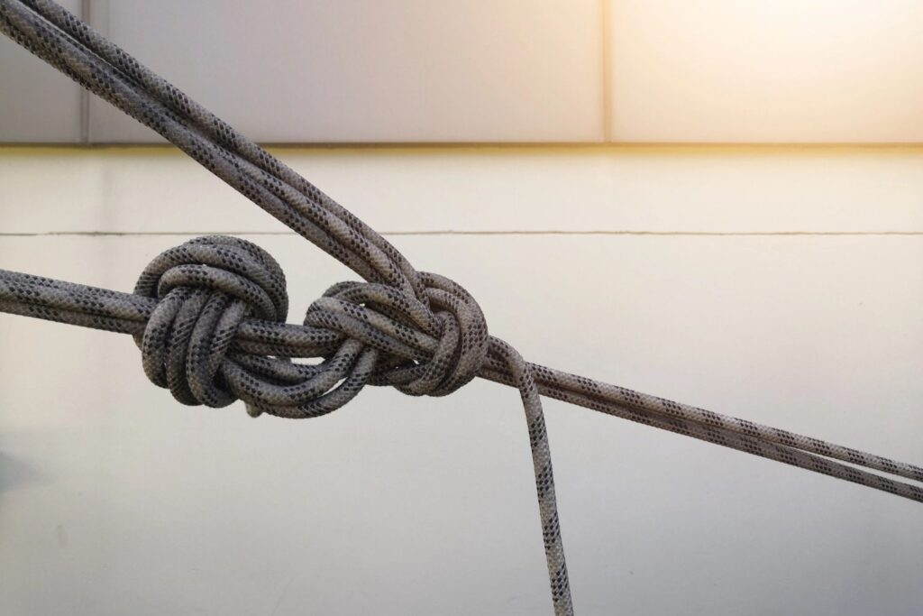 Industrial abseiling ropes tied together in a safe knot