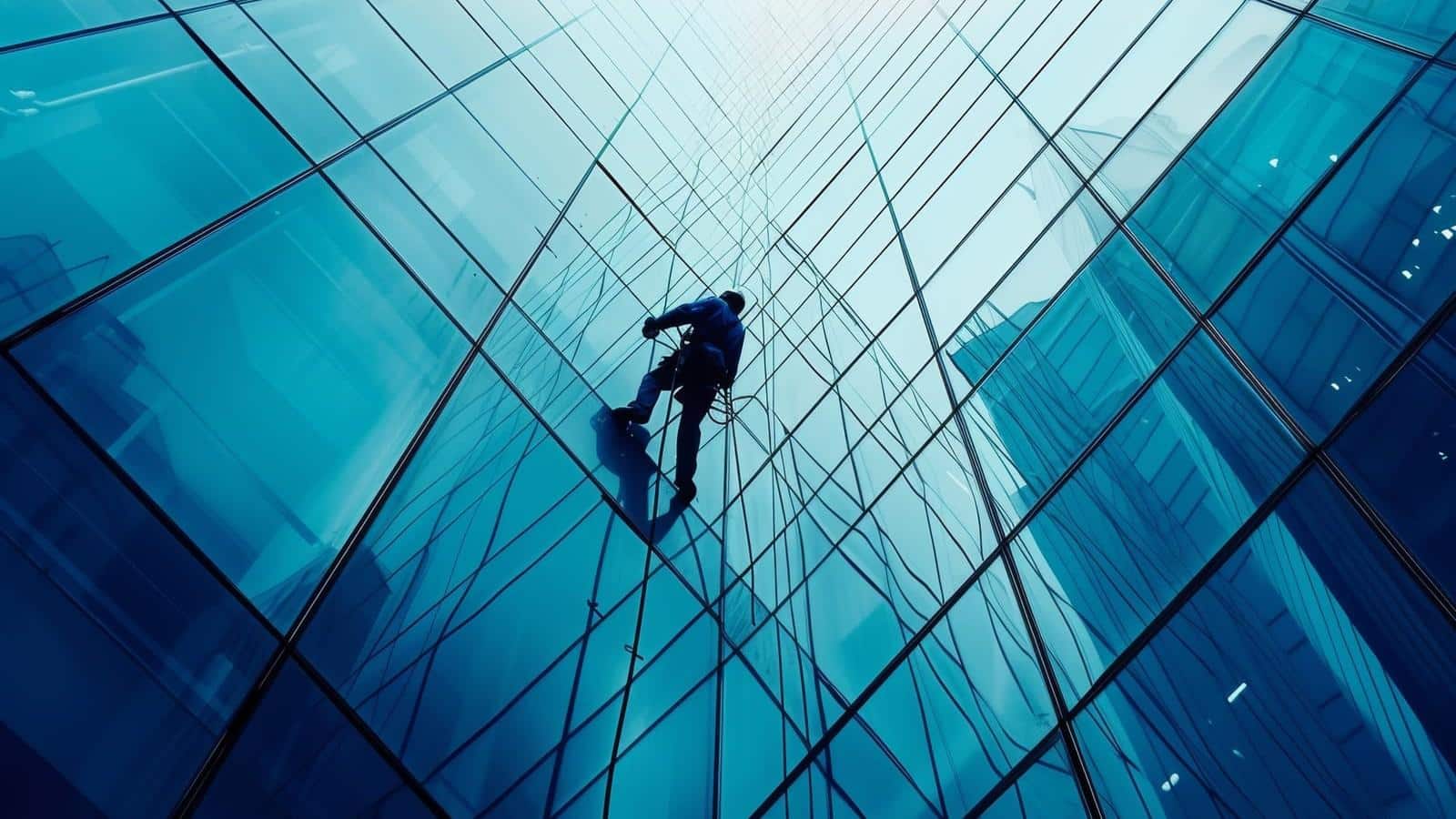 from below as a rope access worker scales a modern skyscraper refelcting the blue sky